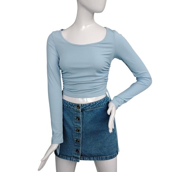 Shein Ribbed Blouse Size Small Blue Long Sleeve Ruched Sides Wide Round Neck - Picture 2 of 6